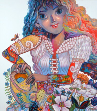 Peinture intitulée "девочка ,,  поливаю…" par Vladimir Cheremnykh, Œuvre d'art originale, Huile