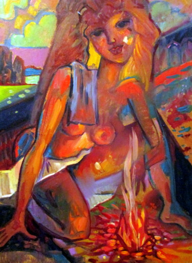 Картина под названием "у костра=" - Владимир Черемных, Подлинное произведение искусства, Масло