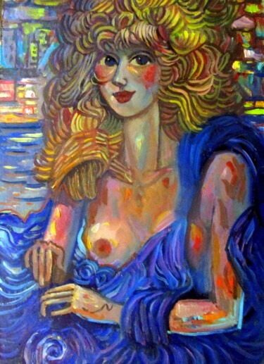 Pittura intitolato "девушка в синей нак…" da Vladimir Cheremnykh, Opera d'arte originale, Olio
