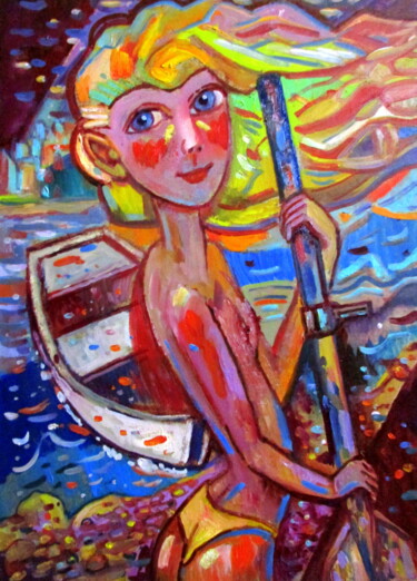 Картина под названием "=девочка  с веслом=" - Владимир Черемных, Подлинное произведение искусства, Масло