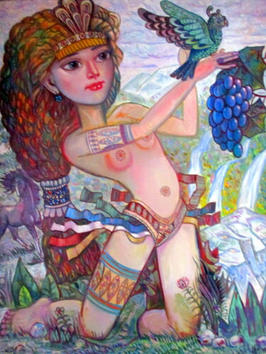 Painting titled "=девочка с попугаем=" by Vladimir Cheremnykh, Original Artwork, Oil