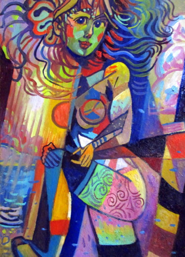 модница, поправляющая чулок= Painting titled "модница, поправляющ…" by Владимир Черемных, Original Art, Oil