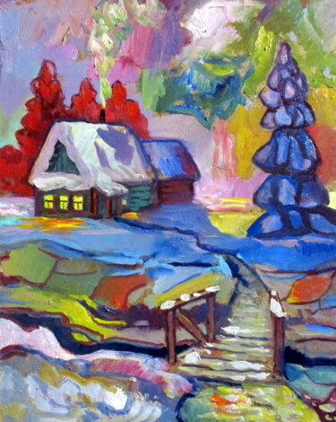Painting titled "24х30-зима-мостик=" by Vladimir Cheremnykh, Original Artwork, Oil