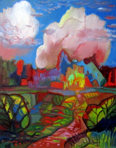 Картина под названием "=пейзаж с 2-мя  обл…" - Владимир Черемных, Подлинное произведение искусства, Масло