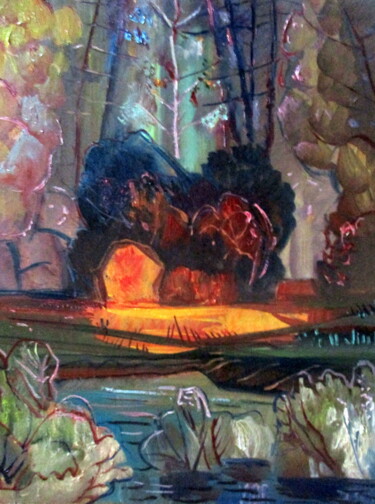 Painting titled "=на лесном пруду-00…" by Vladimir Cheremnykh, Original Artwork, Oil