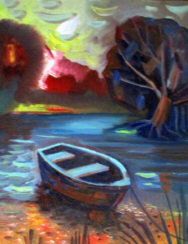 Картина под названием "=пейзаж с лодкой=24…" - Владимир Черемных, Подлинное произведение искусства, Масло