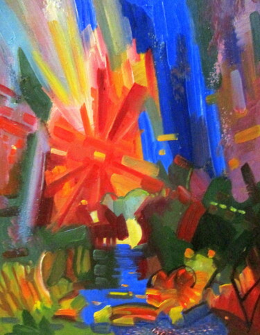 Картина под названием "=пейзаж с горной ре…" - Владимир Черемных, Подлинное произведение искусства, Масло
