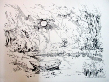 Картина под названием "=пейзаж с лодкой=" - Владимир Черемных, Подлинное произведение искусства, Шариковая ручка