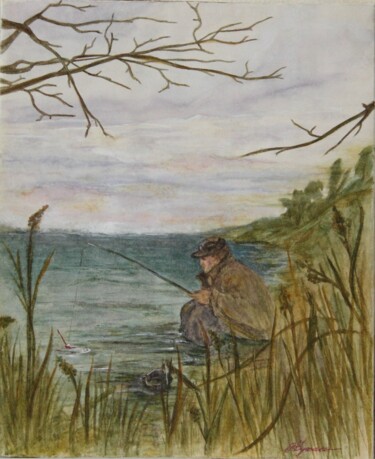 Schilderij getiteld "20, On fishing, mar…" door Volodymyr Chukhas, Origineel Kunstwerk, Aquarel