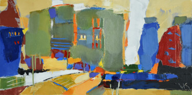 Painting titled "SITYSCAPE" by Volodymyr Kolesnyk, Original Artwork, Oil Mounted on Wood Stretcher frame
