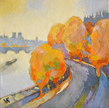 Painting titled "PARIS. AUTUMN MELODY" by Volodymyr Kolesnyk, Original Artwork, Oil Mounted on Wood Stretcher frame