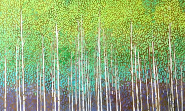 Schilderij getiteld "Green birches" door Volodymyr Smoliak, Origineel Kunstwerk, Olie