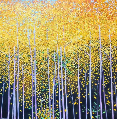 Painting titled "Yellow Aspen Leaves" by Volodymyr Smoliak, Original Artwork, Oil