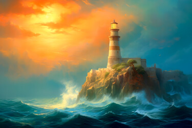 Digital Arts titled "Lighthouse at dawn" by Volodymyr Yaremchuk, Original Artwork, Digital Painting