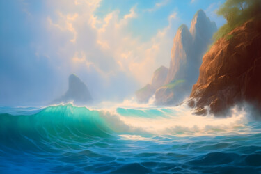 Digital Arts titled "Rocky coastline" by Volodymyr Yaremchuk, Original Artwork, Digital Painting