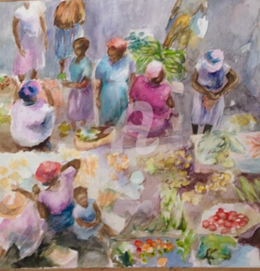 Painting titled "Marché aux Antilles" by Volpert, Original Artwork, Watercolor Mounted on Cardboard