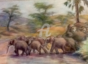 Painting titled "Les éléphants trave…" by Volpert, Original Artwork, Pastel Mounted on Cardboard