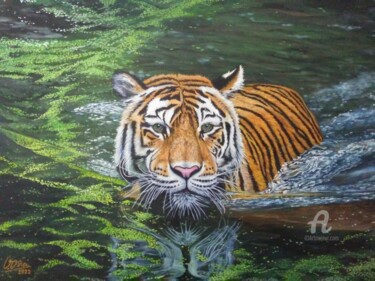 Painting titled "Tigre en pantano" by V.Oña, Original Artwork, Oil Mounted on Wood Stretcher frame