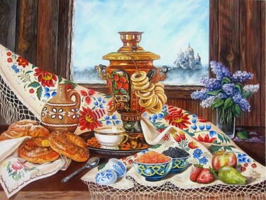Pintura intitulada "Bodegón ruso con sa…" por V.Oña, Obras de arte originais, Óleo Montado em Armação em madeira
