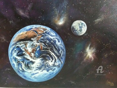 Pintura titulada "Tierra y luna" por V.Oña, Obra de arte original, Oleo Montado en Bastidor de camilla de madera