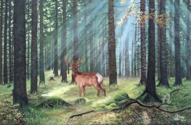 Painting titled "Ciervo en bosque" by V.Oña, Original Artwork, Oil Mounted on Wood Stretcher frame