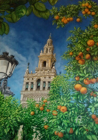 Painting titled "La giralda en prima…" by V.Oña, Original Artwork, Oil Mounted on Wood Stretcher frame