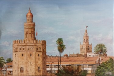 Painting titled "Torre del oro y Gir…" by V.Oña, Original Artwork, Oil Mounted on Wood Stretcher frame