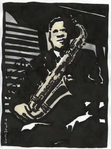 Dessin intitulée "Jazz Sax-Man" par E.R.Bess, Œuvre d'art originale