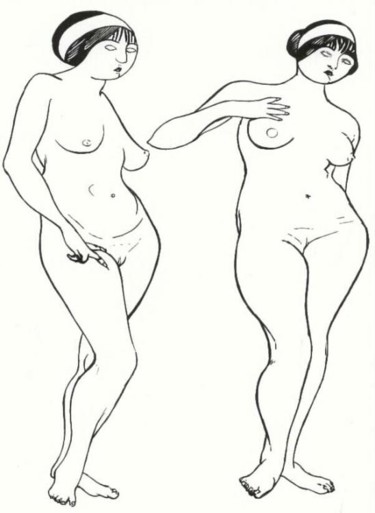 Zeichnungen mit dem Titel "zwei stehende Frauen" von E.R.Bess, Original-Kunstwerk