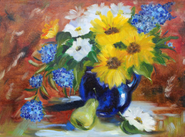 Картина под названием "vase with Flowers" - Viktoria Vorontsova, Подлинное произведение искусства, Масло