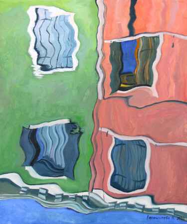 Картина под названием "Отражение. Зелено-к…" - Ворошилова Наталия, Подлинное произведение искусства, Масло Установлен на Дер…