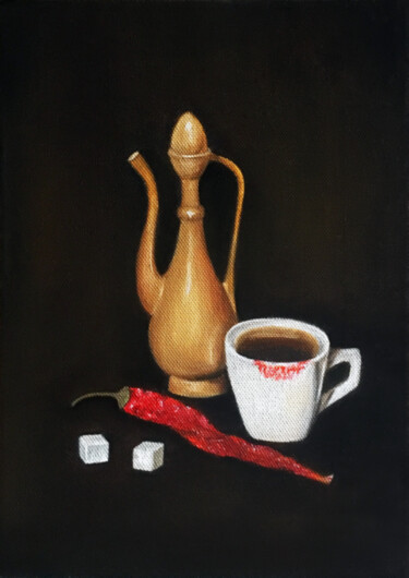 Painting titled "COFFEEMANIAC" by Voskresenskaya, Original Artwork, Oil Mounted on Wood Stretcher frame