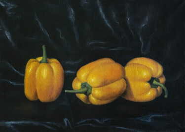 Painting titled "YELLOW PEPPERS" by Voskresenskaya, Original Artwork, Oil Mounted on Wood Stretcher frame