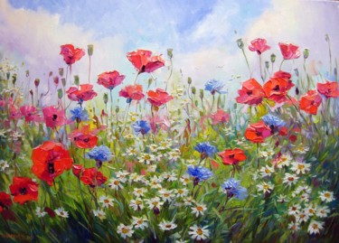 Wildflowers Painting titled "Wildflowers" by Vladimir, Original Artwork, Oil Mounted on Wood Stretcher frame