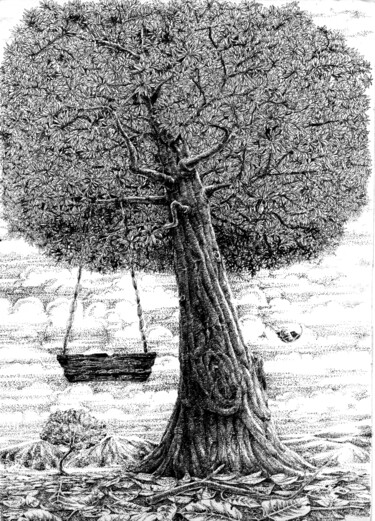 Dessin intitulée "Árvore e o balanço" par Voz Khumallo, Œuvre d'art originale, Stylo gel