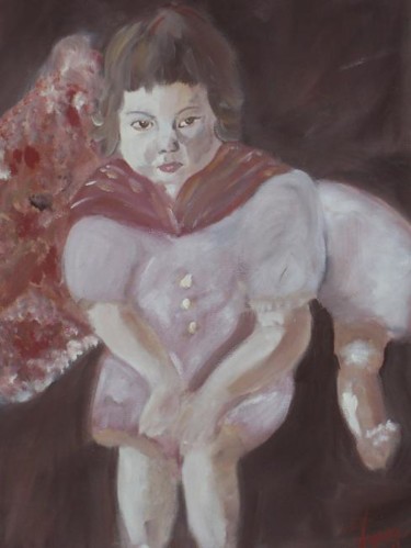 Painting titled "L'enfant à la poupée" by Virginie Piatti, Original Artwork, Oil Mounted on Wood Panel