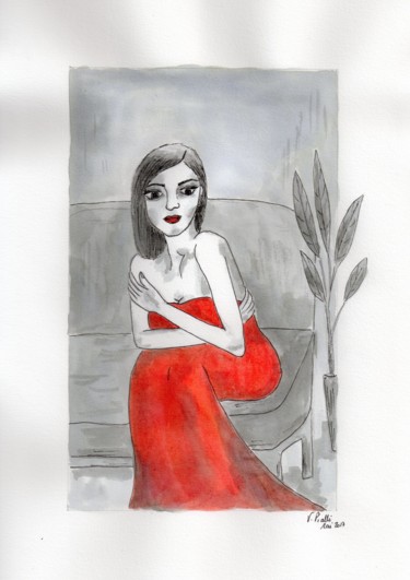 Schilderij getiteld "Lady in red" door Virginie Piatti, Origineel Kunstwerk, Aquarel Gemonteerd op Houten paneel