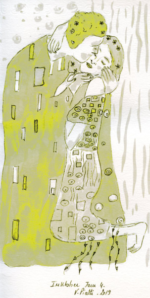 Zeichnungen mit dem Titel "Klimt forever jaune" von Virginie Piatti, Original-Kunstwerk, Tinte