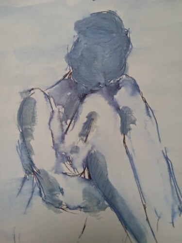 Painting titled "Fille en bleu" by Virginie Piatti, Original Artwork, Ink