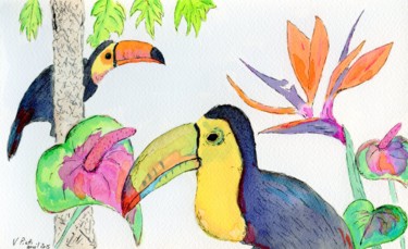 Pintura titulada "Oiseaux de paradis" por Virginie Piatti, Obra de arte original, Tinta