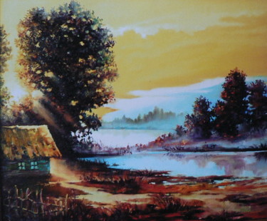 Painting titled "Утро в деревне" by Viktor, Original Artwork, Oil