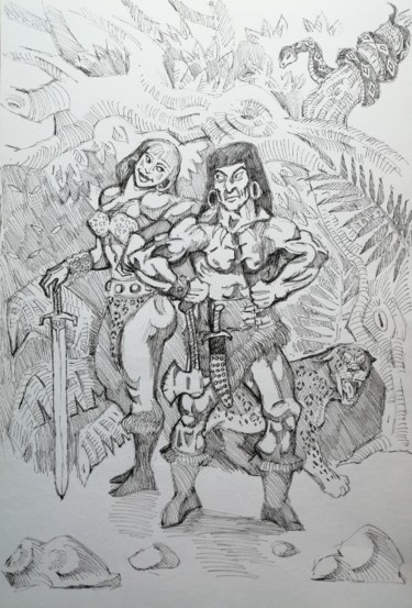 Dessin intitulée "Warrior and Amazon…" par Rade Vranjkovic, Œuvre d'art originale, Pochoir