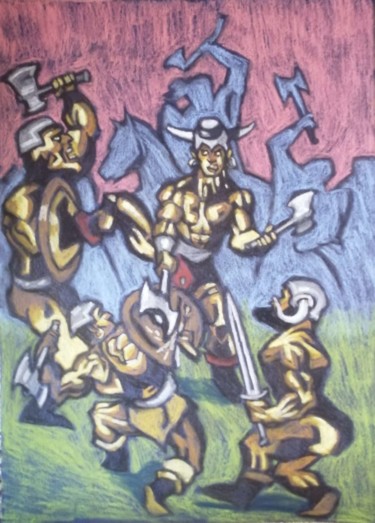 Ζωγραφική με τίτλο "Warriors in battle" από Rade Vranjkovic, Αυθεντικά έργα τέχνης, Παστέλ