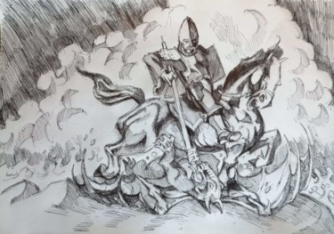 Dessin intitulée "Knight vs dragon" par Rade Vranjkovic, Œuvre d'art originale, Stylo à bille