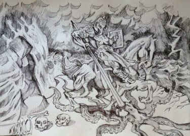 Dessin intitulée "Beast slayer" par Rade Vranjkovic, Œuvre d'art originale, Stylo à bille