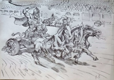 Рисунок под названием "Chariot racing" - Rade Vranjkovic, Подлинное произведение искусства, Шариковая ручка