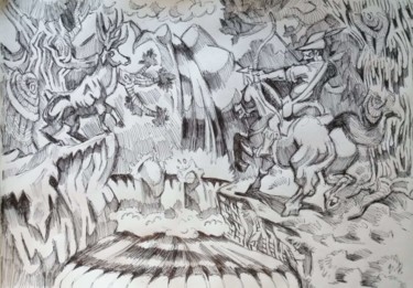 Рисунок под названием "Hunting" - Rade Vranjkovic, Подлинное произведение искусства, Шариковая ручка