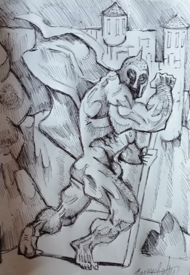 Drawing titled "Caped warrior" by Rade Vranjkovic, Original Artwork, Ballpoint pen