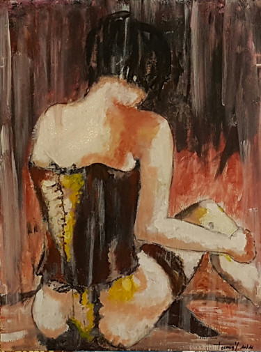 Malerei mit dem Titel "La belle en guêpière" von Véroniq'S, Original-Kunstwerk, Öl