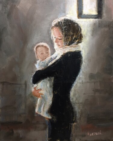 Pittura intitolato "Girl and little bab…" da Vsevolod Chistiakov, Opera d'arte originale, Olio